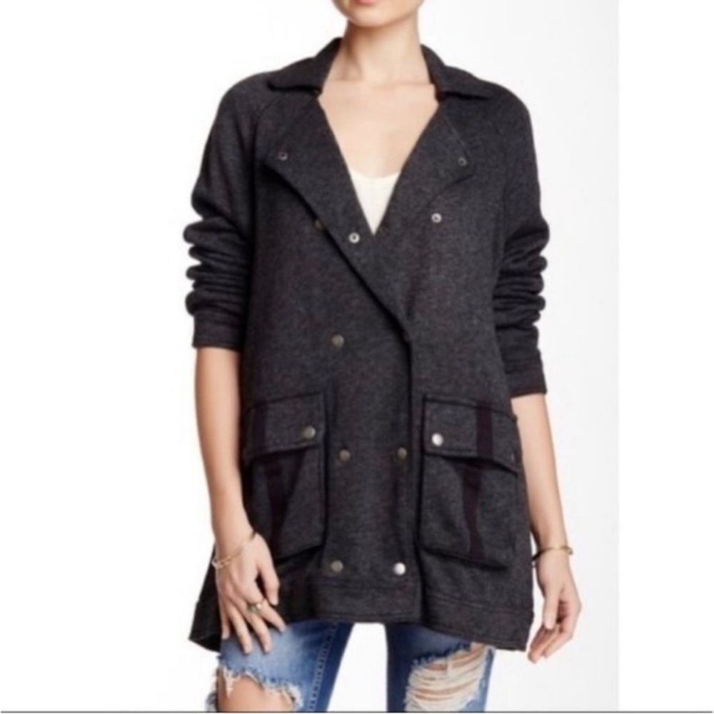 Free People Slouchy Peacoat Charcoal Gray Double Breasted Jacket Size Small